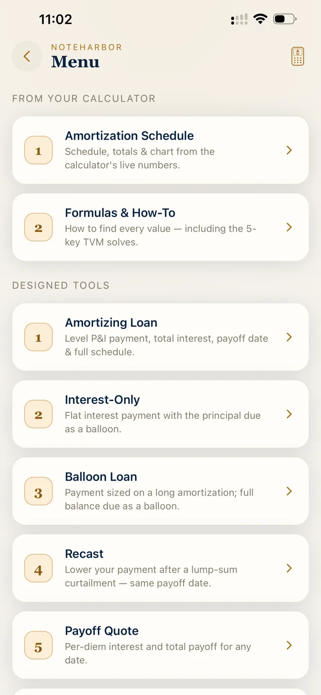 NoteHarbor Calculator tools menu
